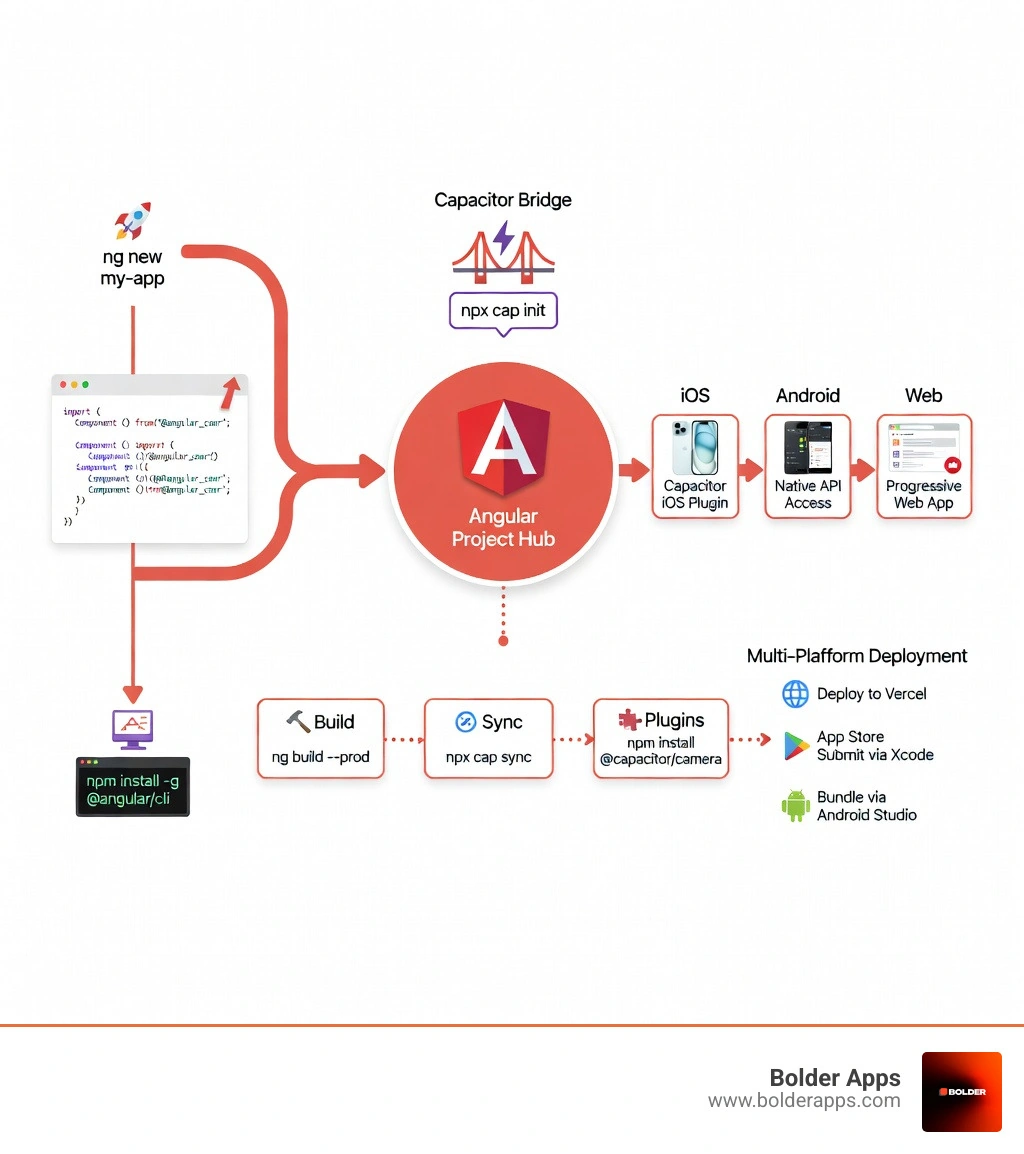 Angular Mobile App Development Workflow: From Angular project creation through Capacitor integration to iOS, Android, and web deployment, showing key steps including CLI setup, native plugin integration, build process, and multi-platform distribution - angular mobile app development infographic Angular Mobile App Development Workflow: From Angular project creation through Capacitor integration to iOS, Android, and web deployment, showing key steps including CLI setup, native plugin integration, build process, and multi-platform distribution - angular mobile app development infographic