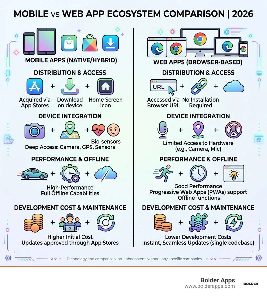 mobile vs web app ecosystem comparison infographic for 2026 - Mobile and web apps infographic mobile vs web app ecosystem comparison infographic for 2026 - Mobile and web apps infographic