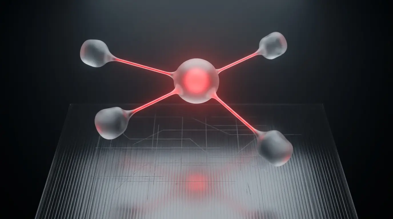 3D rendered central node connected to glowing red network nodes, representing social app growth mechanics