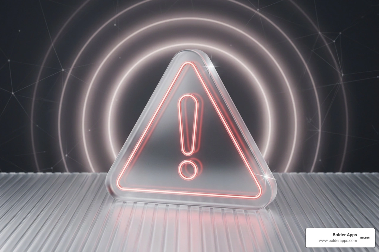 A stylized, glowing glass warning sign resting on a frosted panel representing launch risks A stylized, glowing glass warning sign resting on a frosted panel representing launch risks