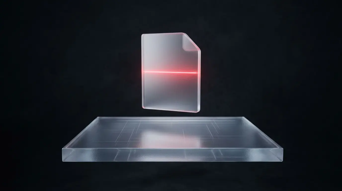 3D rendered frosted glass gear connected to a glowing red checkmark, representing workflow automation handoff between AI agents and traditional automation