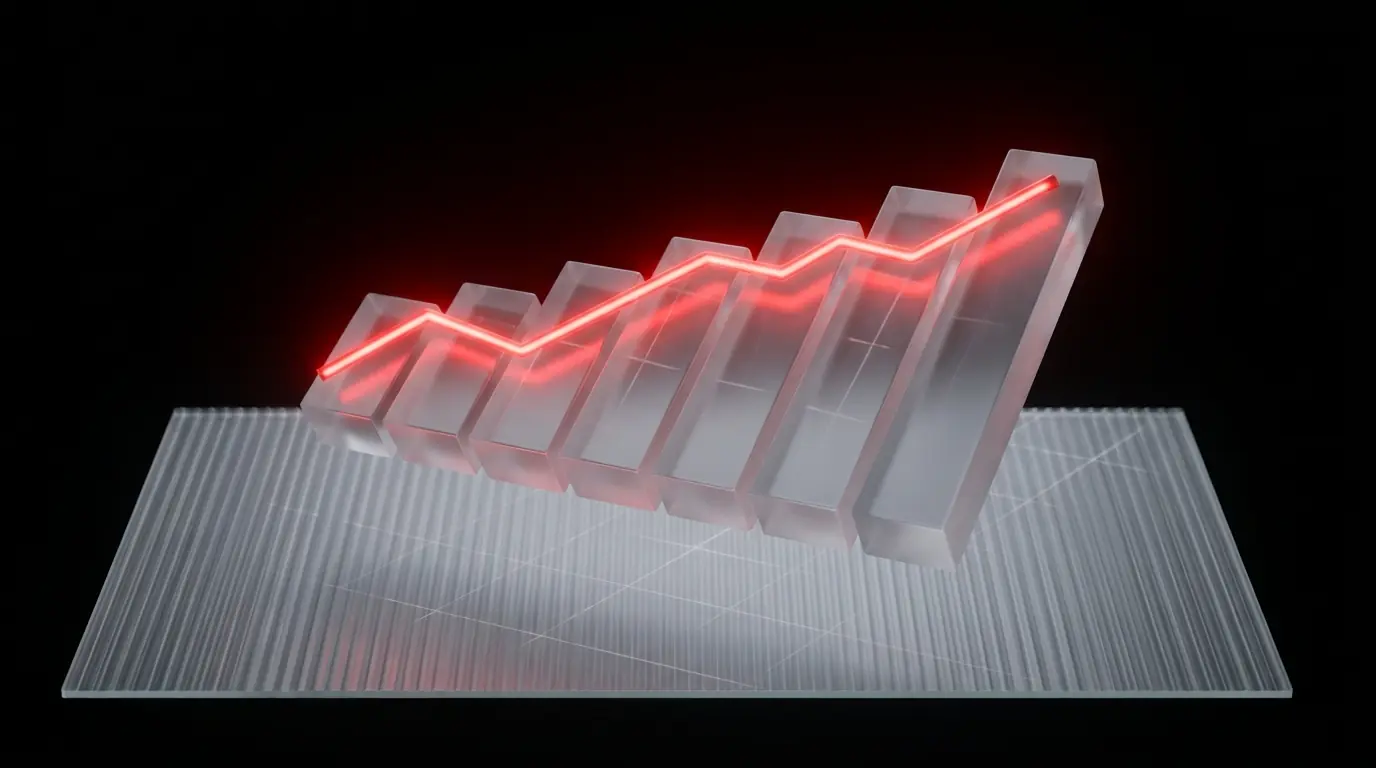 3D rendered frosted glass upward-trending bar chart with a glowing red line, representing back office automation ROI measurement