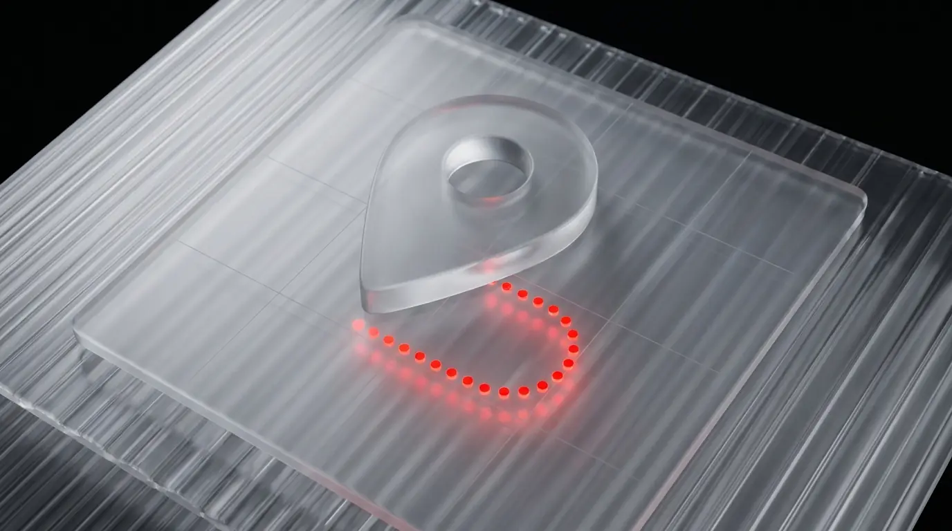 3D rendered frosted glass location pin with a glowing red dotted path, representing delivery driver dispatch and tracking