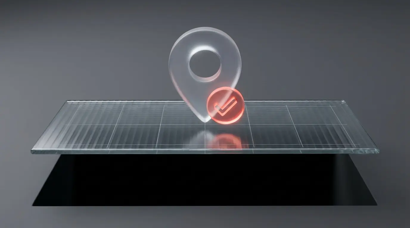 3D rendered frosted glass map pin with a glowing red checkmark badge, representing state-by-state provider licensure verification