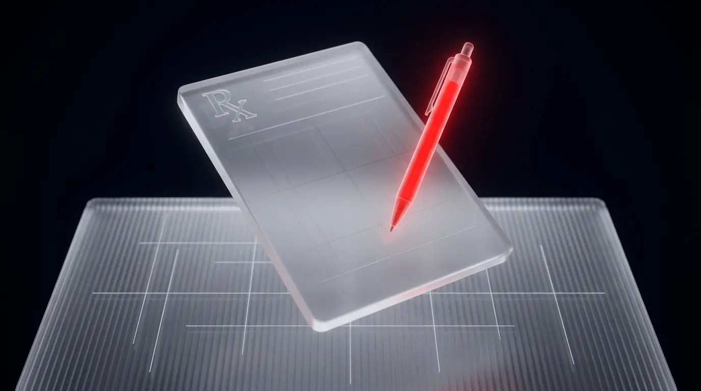 3D rendered frosted glass prescription pad with a glowing red pen, representing telehealth prescription management