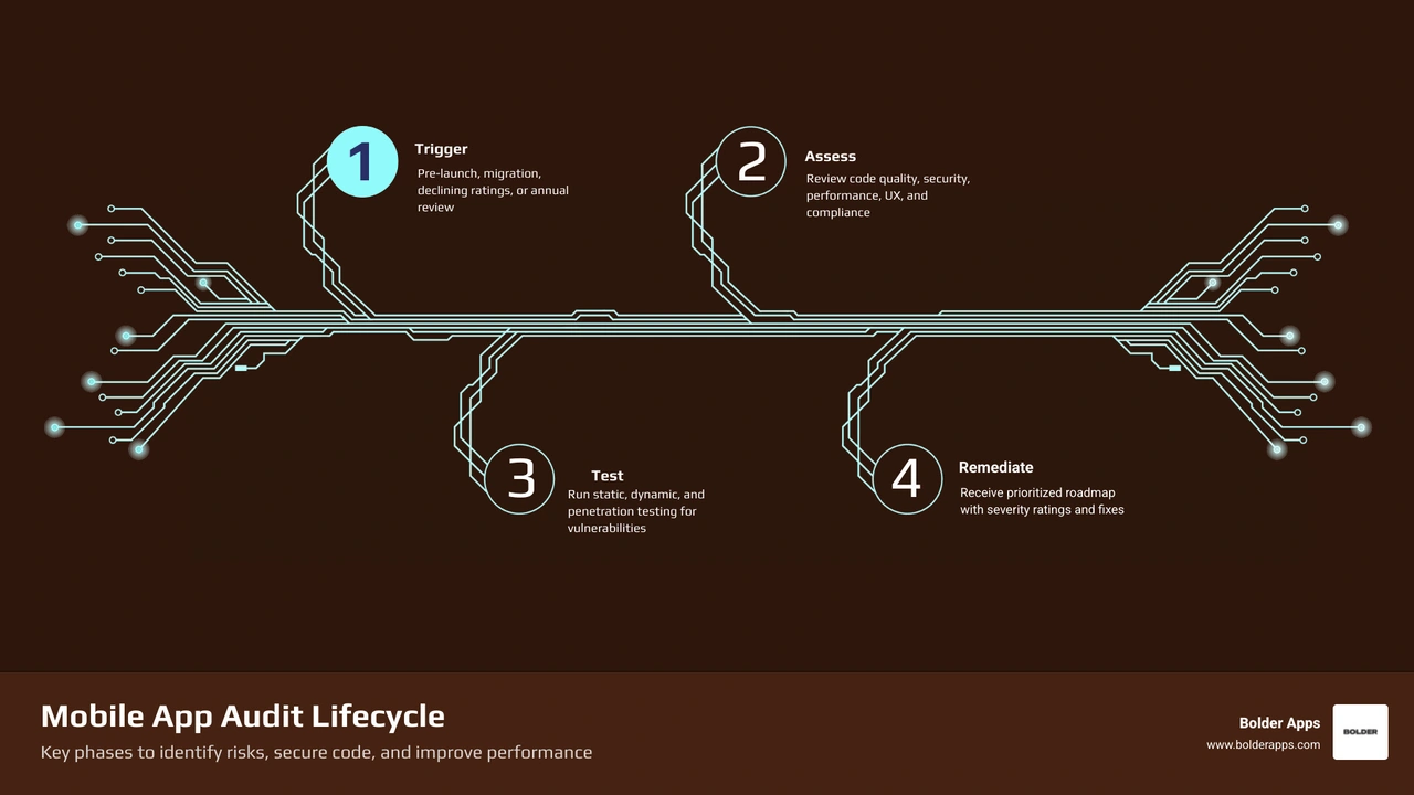 Mobile app audit lifecycle: triggers, audit types, process steps, and deliverables infographic Mobile app audit lifecycle: triggers, audit types, process steps, and deliverables infographic