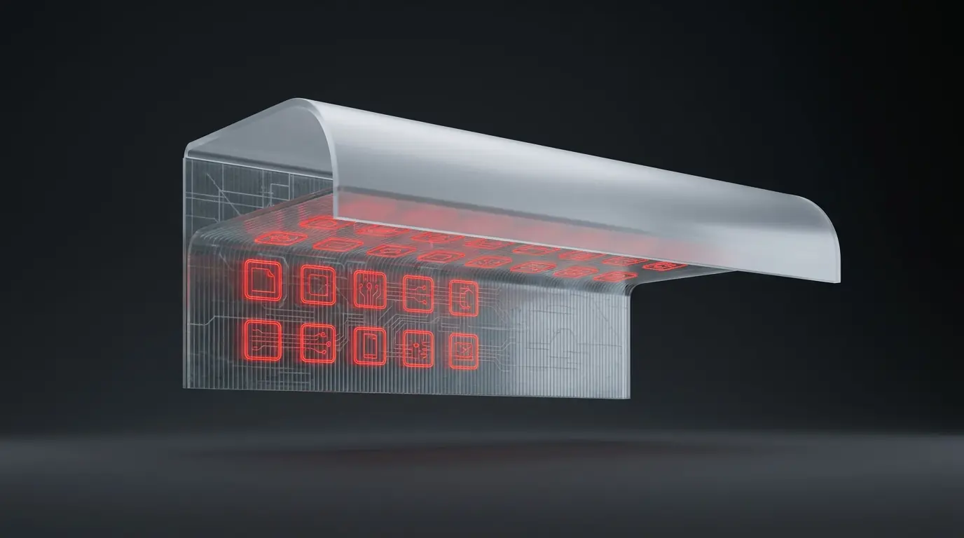 3D rendered frosted glass storefront awning with a glowing red grid of app icons, representing Salesforce AppExchange distribution
