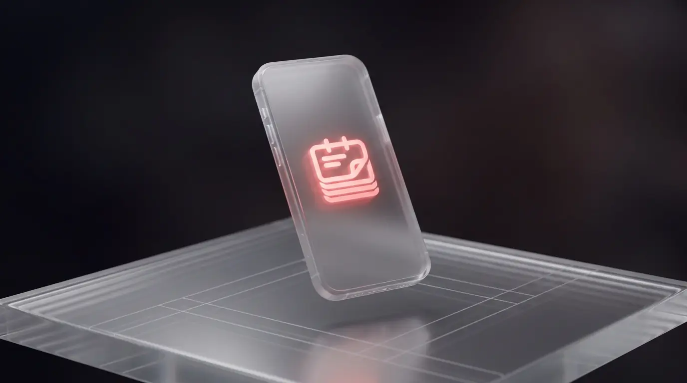 3D rendered frosted glass smartphone with a glowing red rolodex-card icon, representing employee-facing mobile apps synced with HubSpot CRM 3D rendered frosted glass smartphone with a glowing red rolodex-card icon, representing employee-facing mobile apps synced with HubSpot CRM