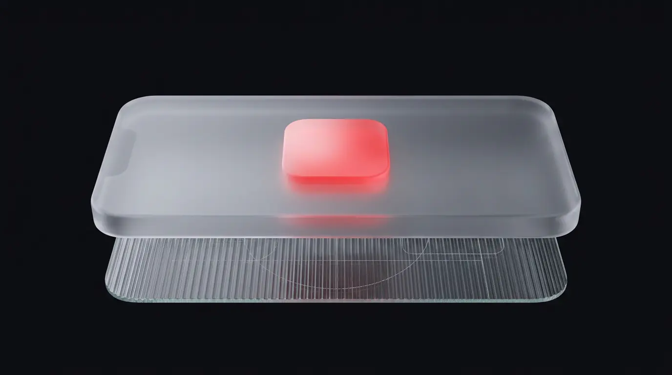 3D rendered frosted glass phone, watch, and headset cluster connected by glowing red lines, representing Apple ecosystem integration capabilities 3D rendered frosted glass phone, watch, and headset cluster connected by glowing red lines, representing Apple ecosystem integration capabilities