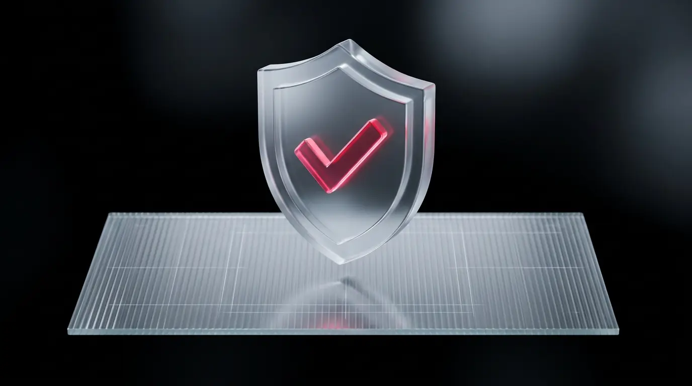 3D rendered frosted glass shield with a glowing red checkmark, representing App Store submission and review