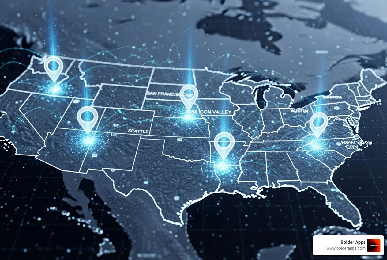 A digital map of the US with pins highlighting major tech hubs - us software development team A digital map of the US with pins highlighting major tech hubs - us software development team
