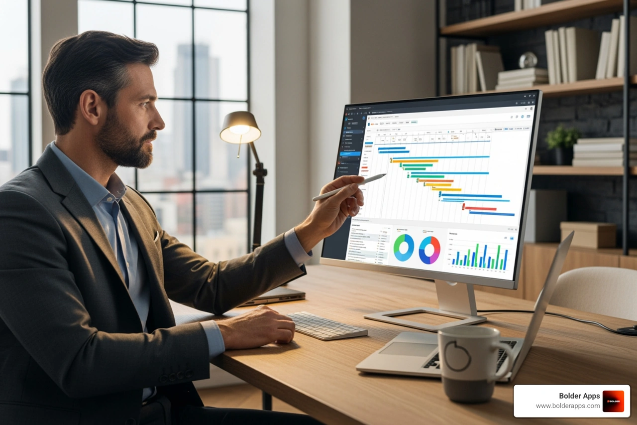 A business owner thoughtfully reviewing project management software - us software development team A business owner thoughtfully reviewing project management software - us software development team