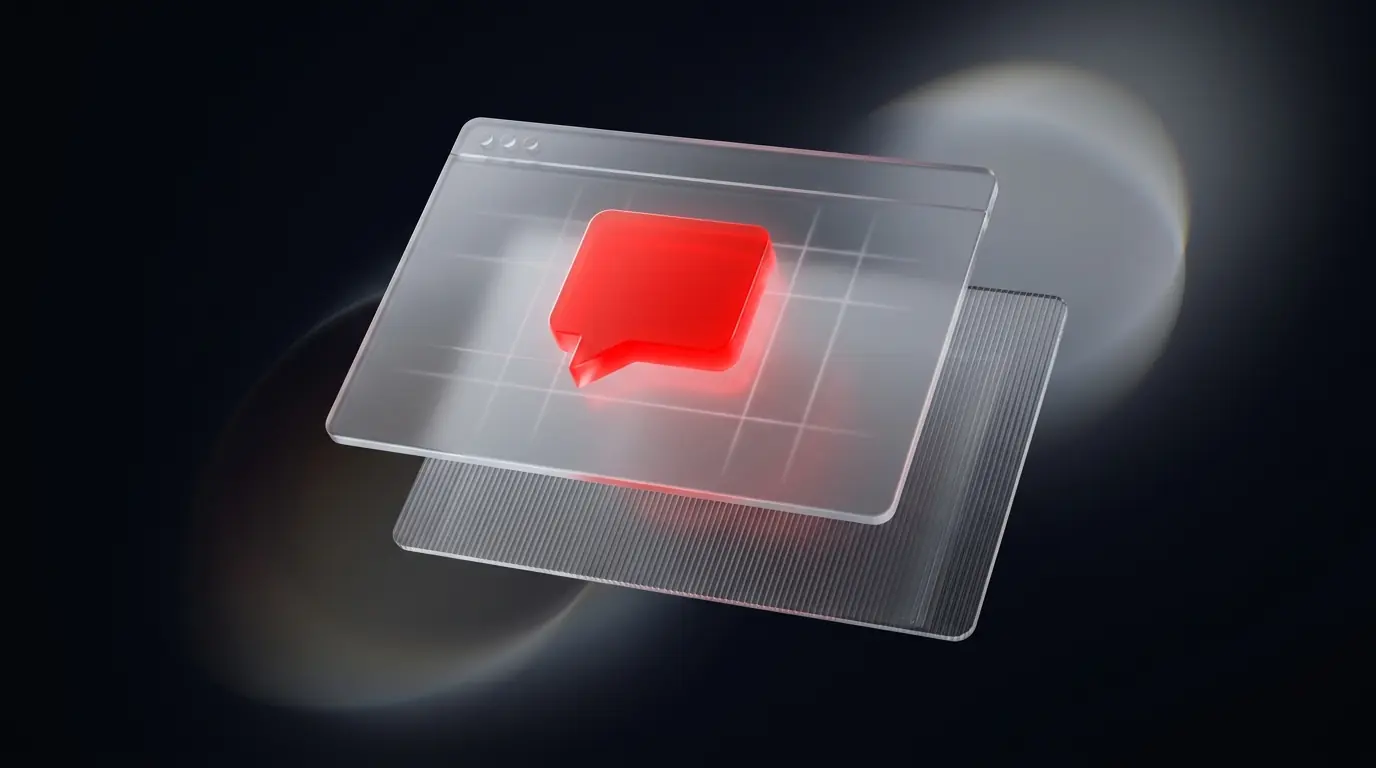 3D rendered frosted glass browser window with a glowing red chat bubble, representing AI integration in web apps 3D rendered frosted glass browser window with a glowing red chat bubble, representing AI integration in web apps