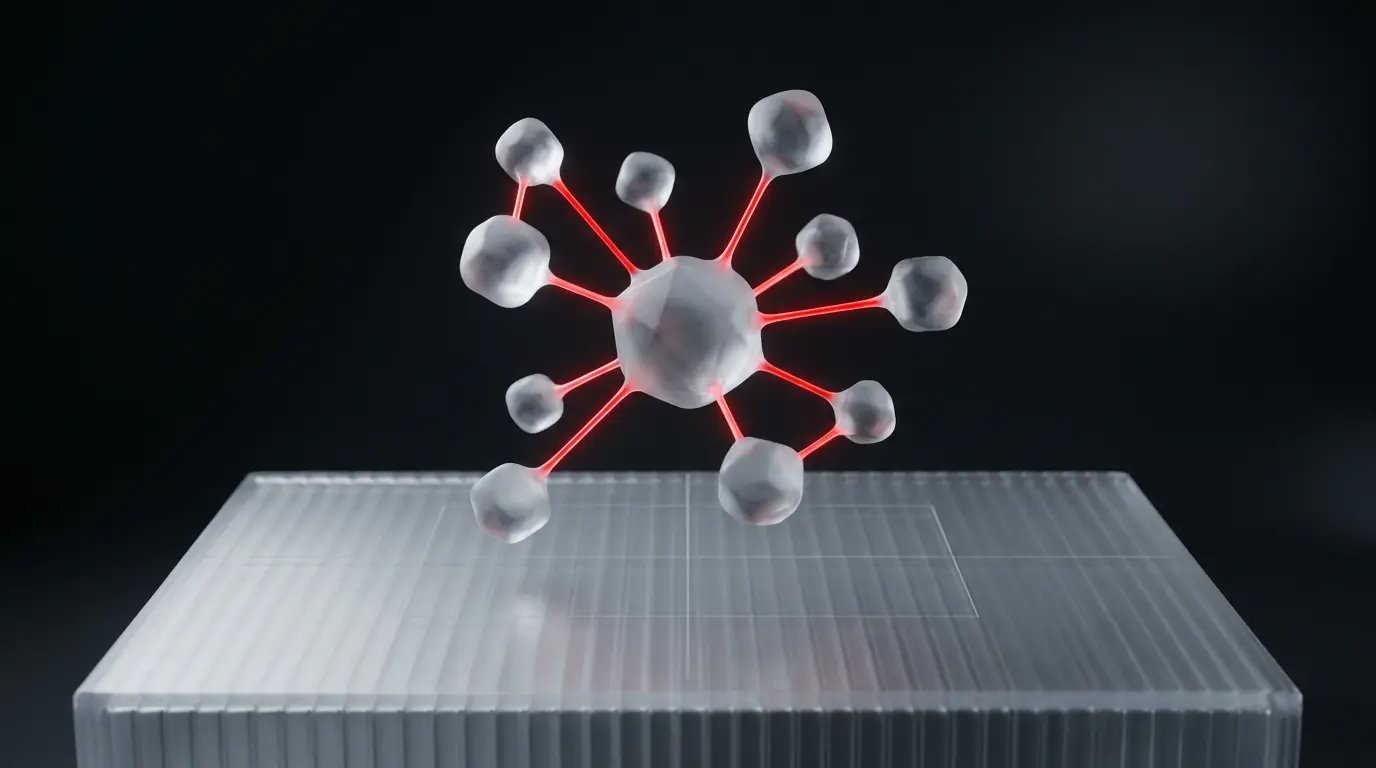 3D rendered frosted glass hub-and-spoke node cluster with glowing red connecting lines, representing AI agent architectures 3D rendered frosted glass hub-and-spoke node cluster with glowing red connecting lines, representing AI agent architectures