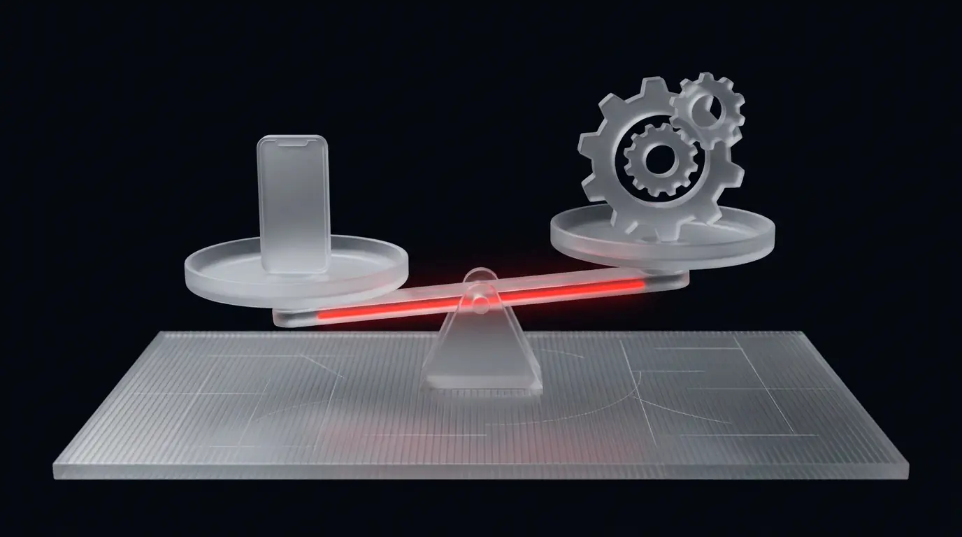 3D rendered frosted glass balance scale with a phone and gear cluster, representing the decision to hire an AI-native agency 3D rendered frosted glass balance scale with a phone and gear cluster, representing the decision to hire an AI-native agency