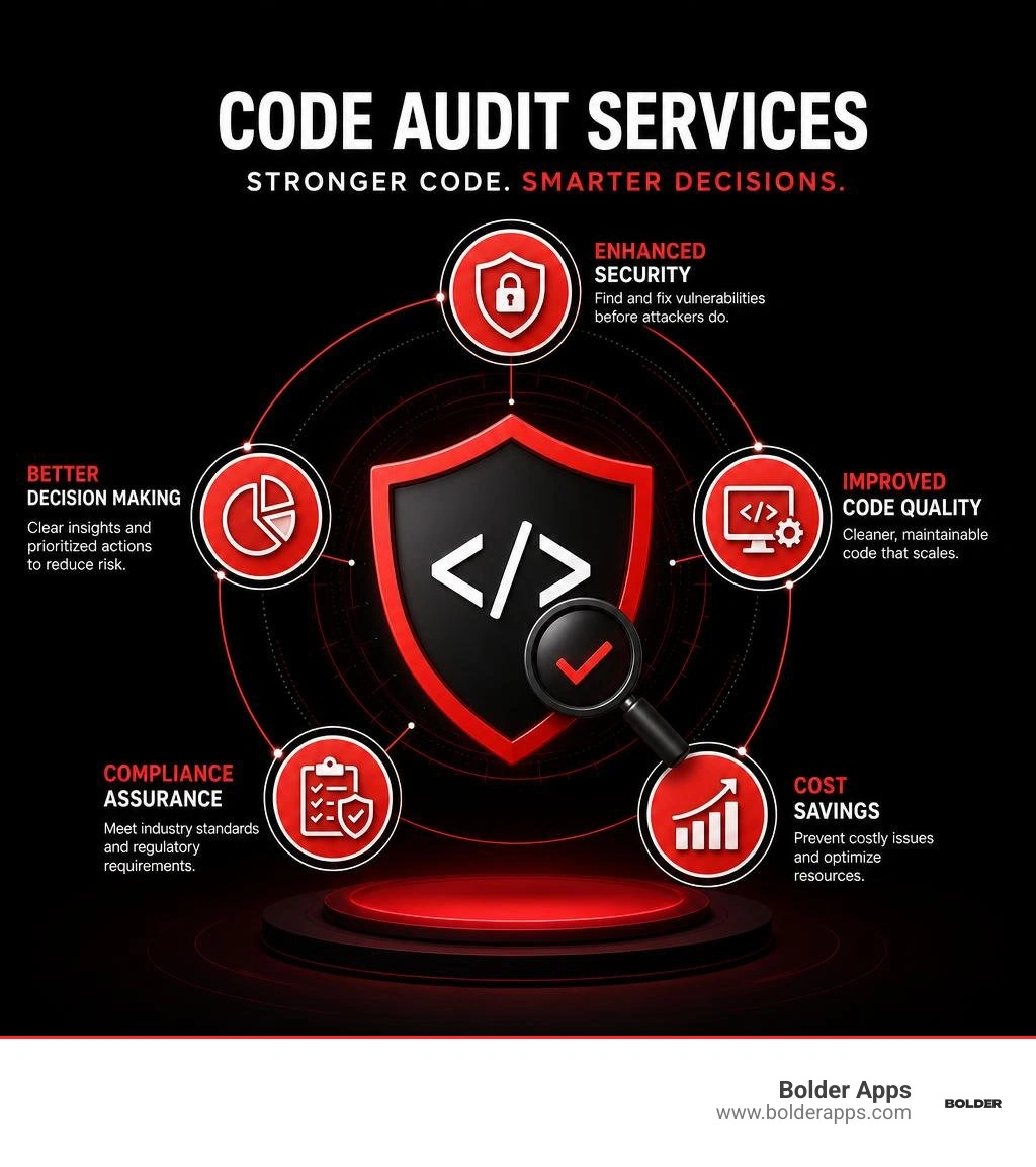 Infographic showing the core benefits of code audit services: Enhanced Security through vulnerability identification and penetration testing; Improved Code Quality via maintainability analysis and technical debt reduction; Cost Savings from preventing expensive post-deployment fixes and optimizing infrastructure; Compliance Assurance through validation against GDPR HIPAA PCI DSS and industry standards; Better Decision Making with clear risk prioritization and actionable remediation roadmaps - code audit services infographic 