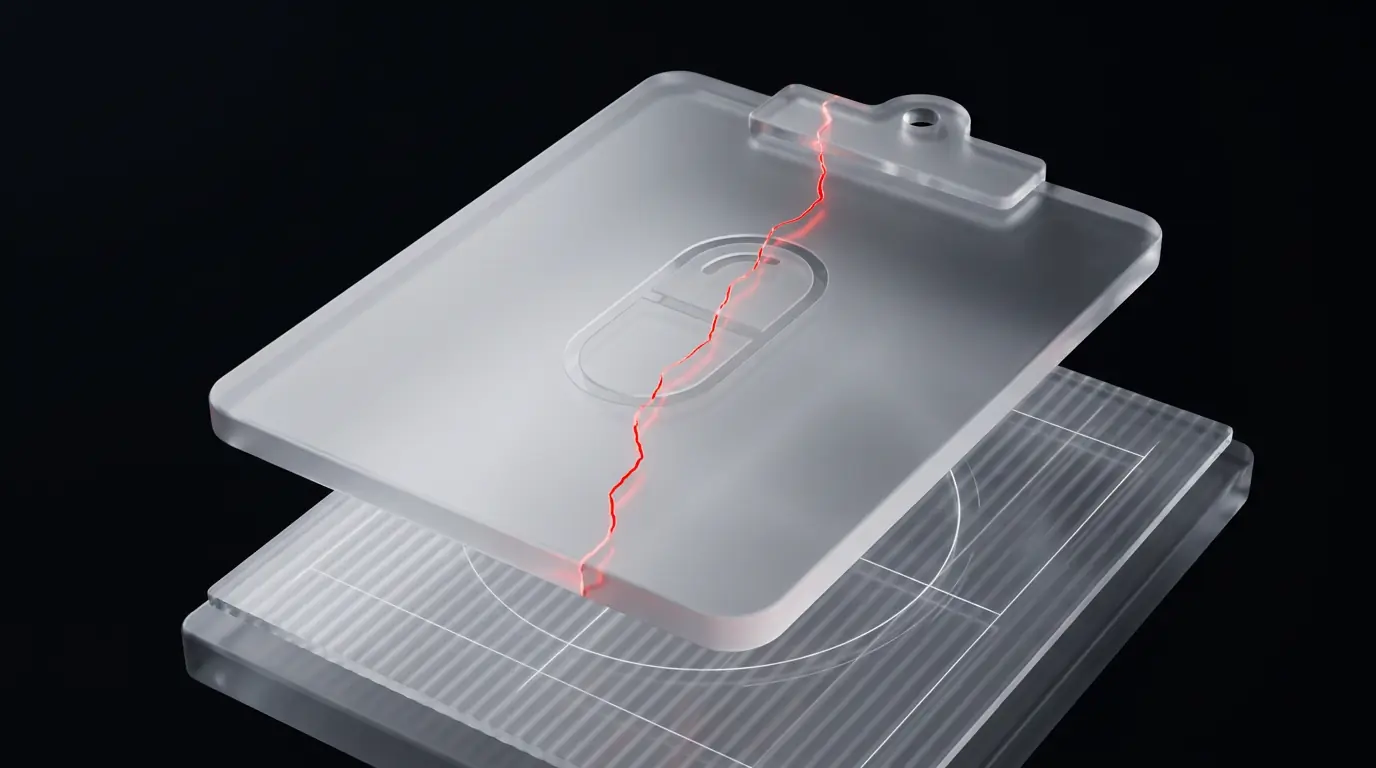 Frosted glass clipboard with pill capsule representing e-prescribing and EHR integration