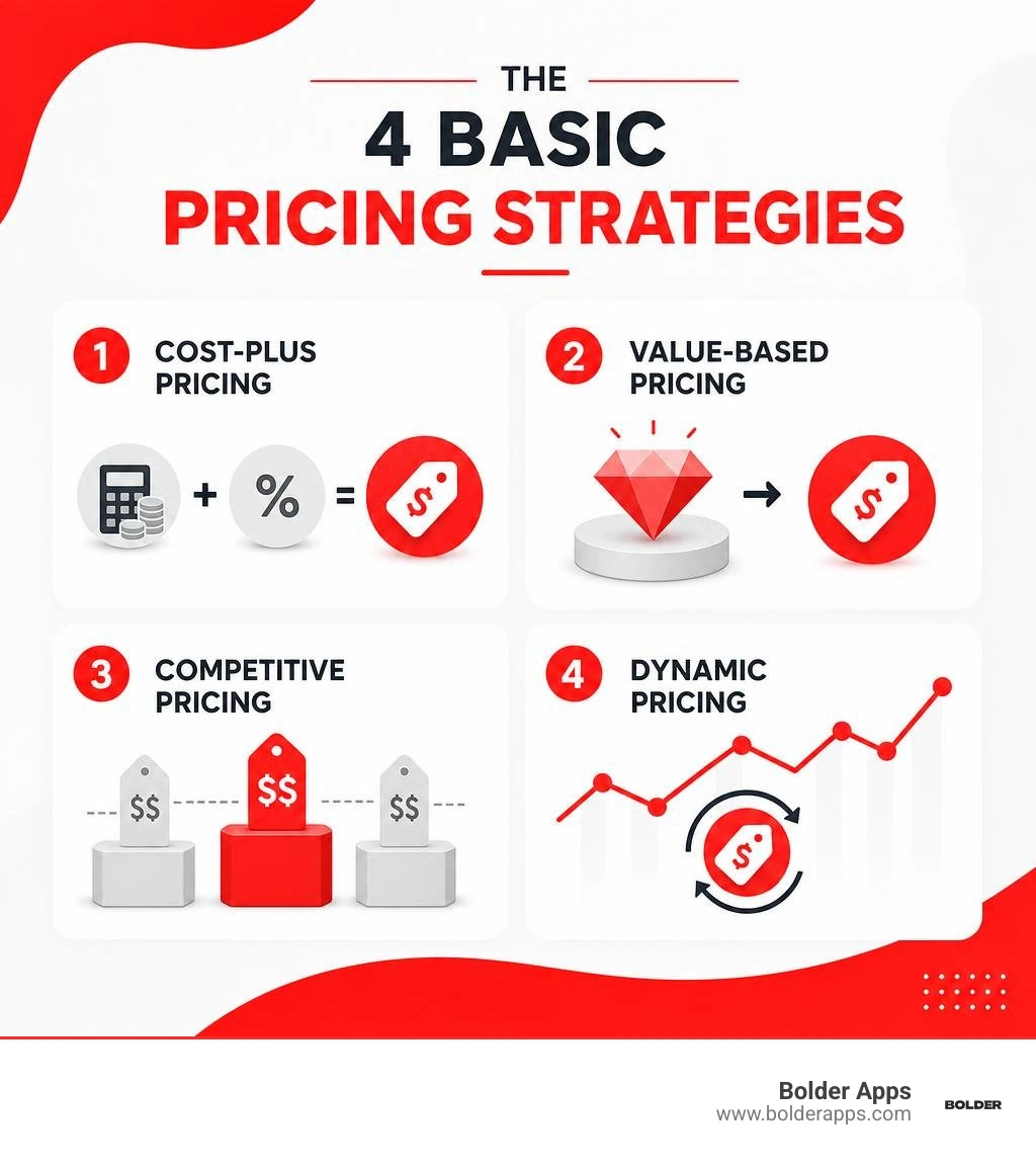 Infographic comparing cost-plus, value-based, competitive, and dynamic pricing infographic