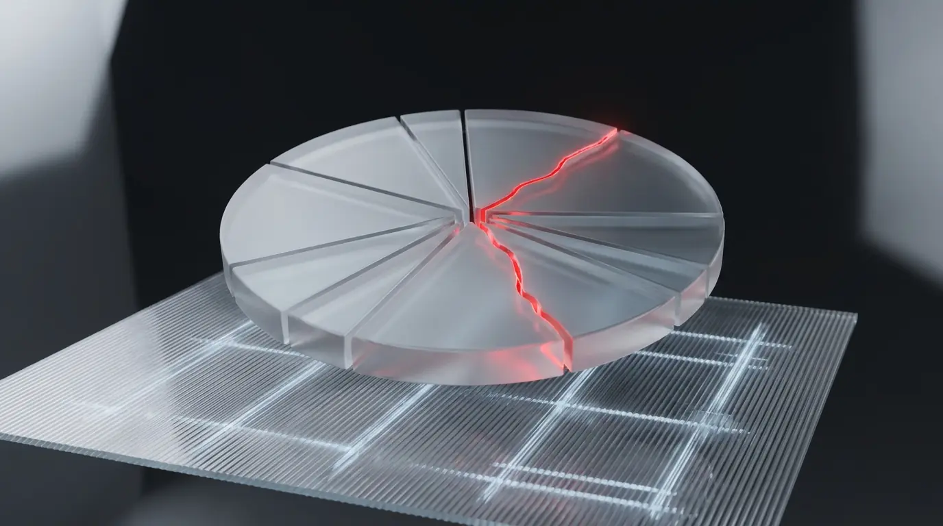 3D frosted glass disc divided into uneven budget wedge segments representing fintech app development cost breakdown
