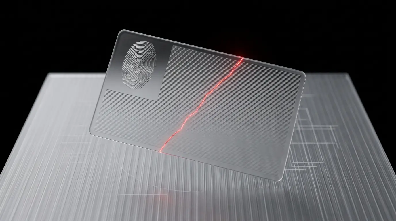 3D frosted glass ID card with fingerprint etching representing KYC identity verification for fintech apps