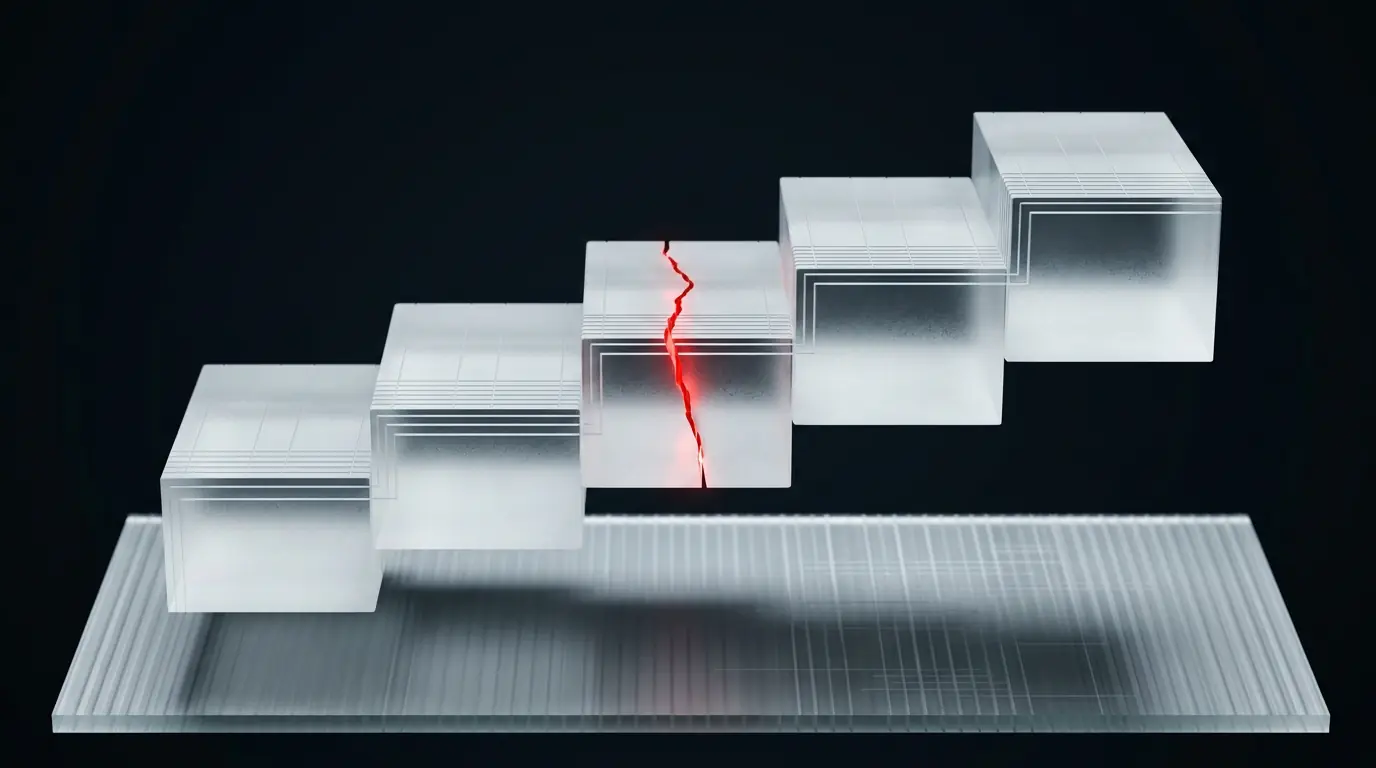 3D frosted glass ascending staircase of interlocking blocks representing AI integration cost tiers from API wrapper to enterprise platform