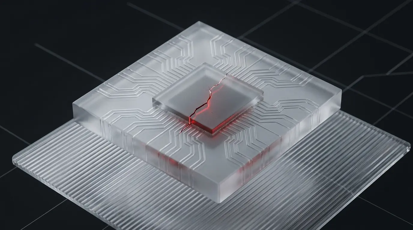 3D frosted glass processor chip with branching circuit pathways representing on-device AI inference architecture