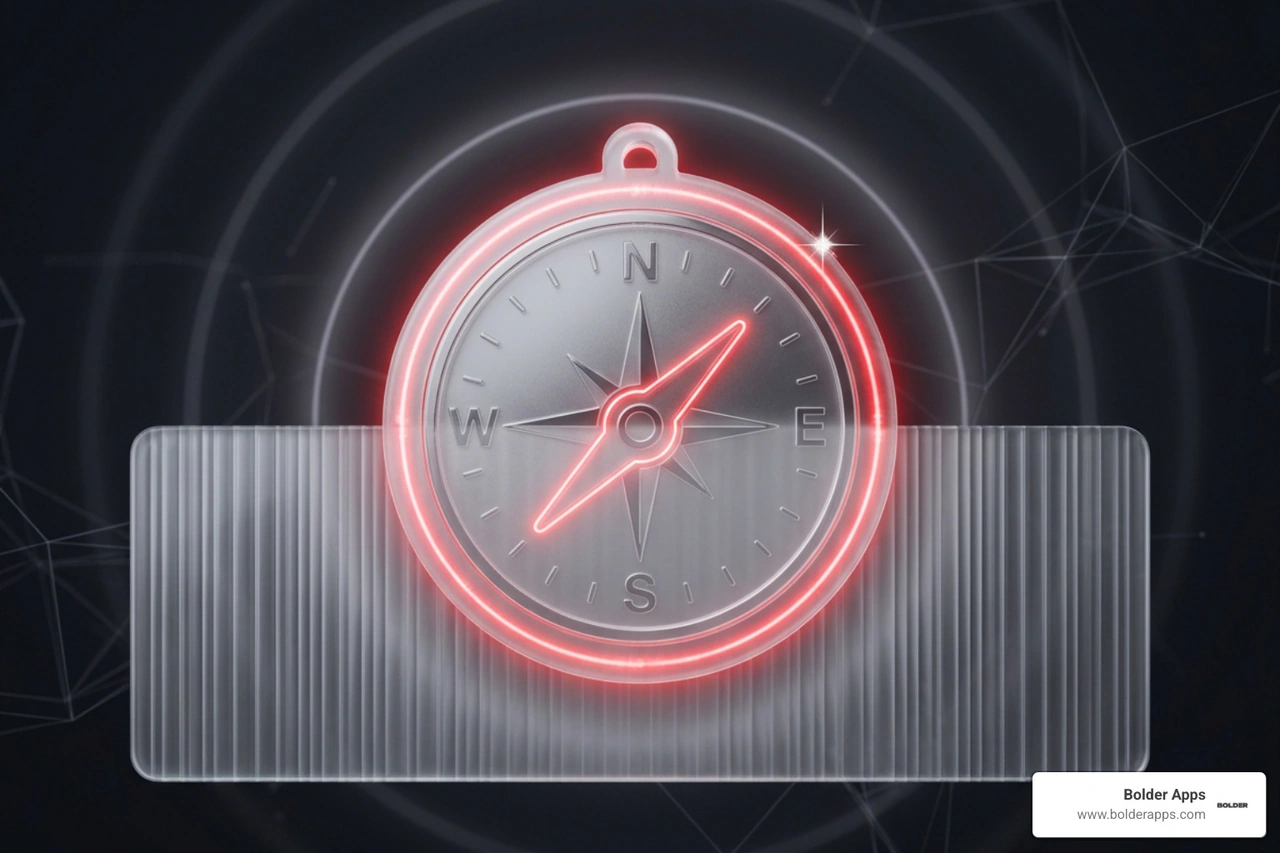 3D render of a strategic compass glowing on frosted glass