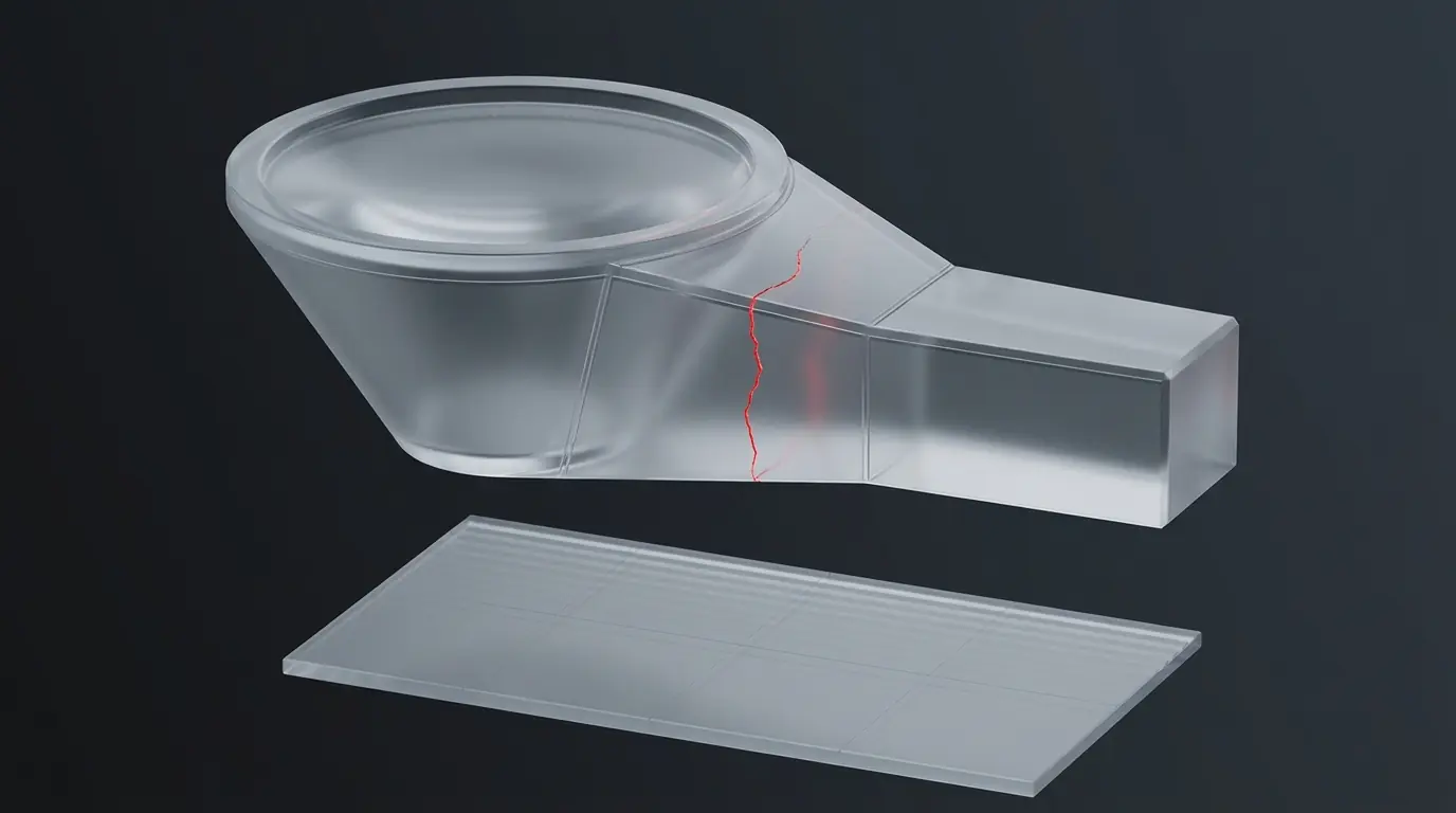 3D frosted glass funnel shape narrowing from a discovery lens into a solid build block representing the phased discovery-then-fixed-price model