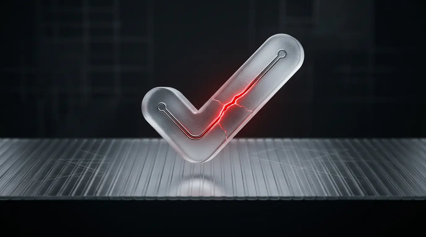 3D frosted glass checkmark with a single unbroken circuit line representing Node.js's zero-dependency built-in test runner