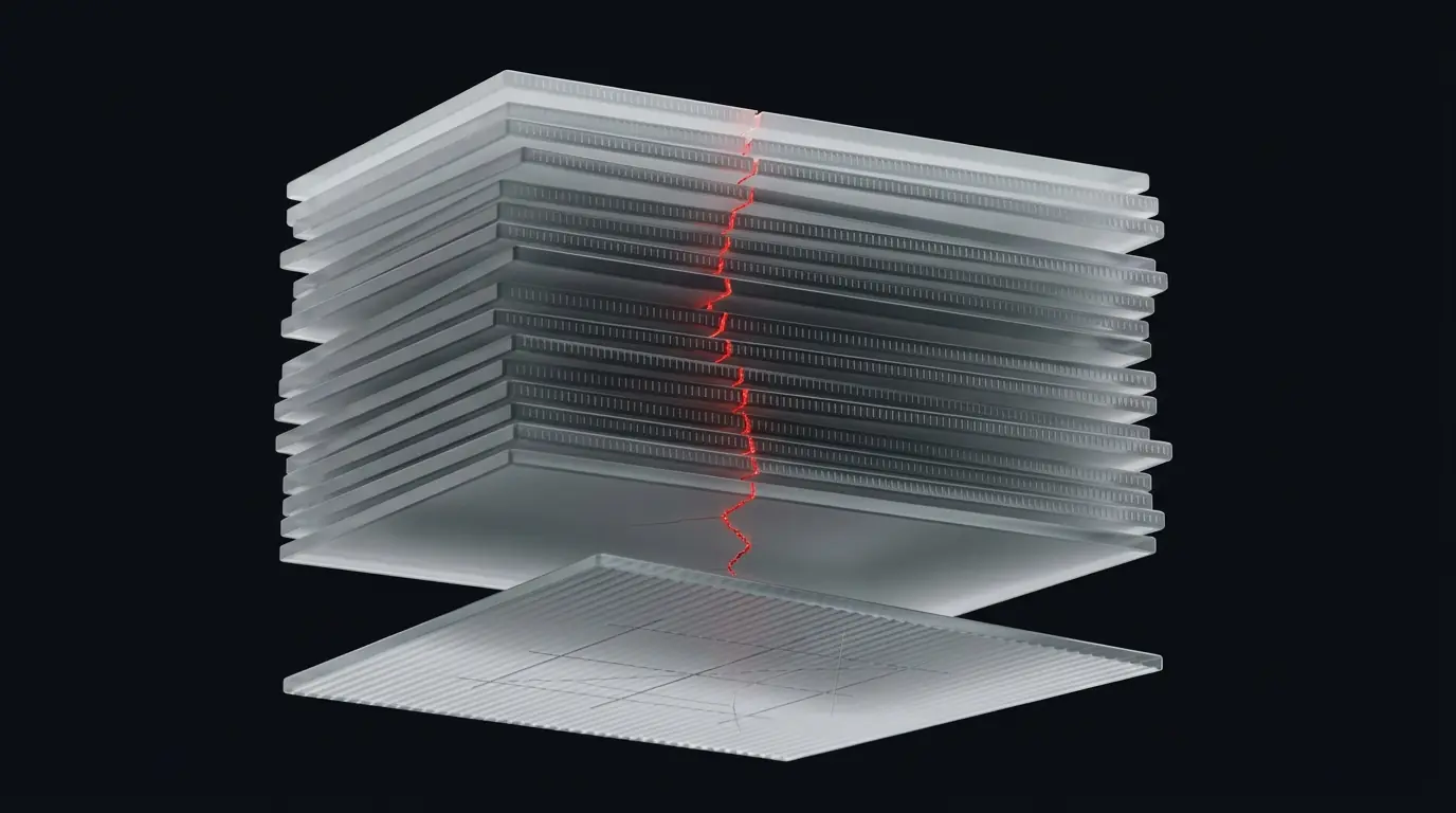 3D frosted glass stacked ledger panels with timestamp ridges representing HIPAA audit trail logging