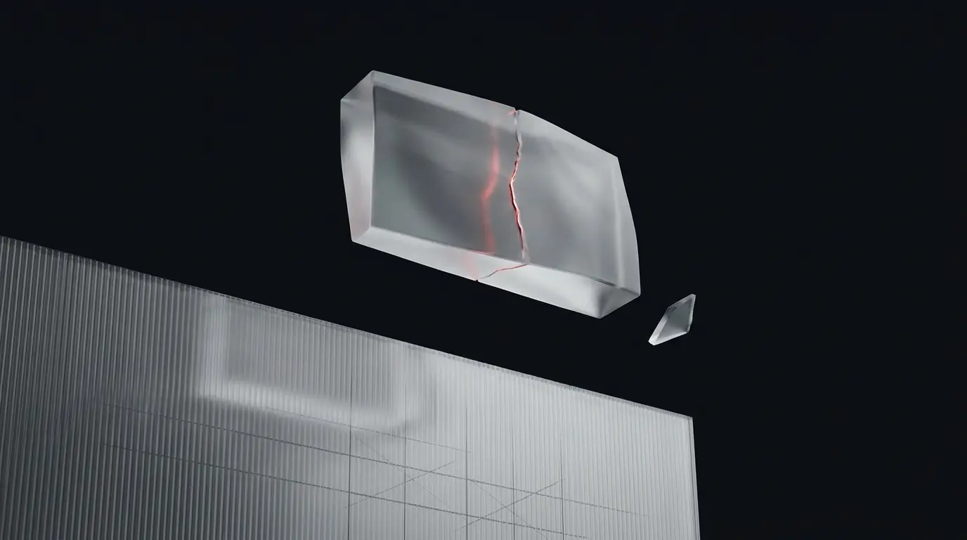 3D frosted glass seamless solid block with a small disconnected fragment representing Flutter's direct-to-native compilation without a JavaScript bridge
