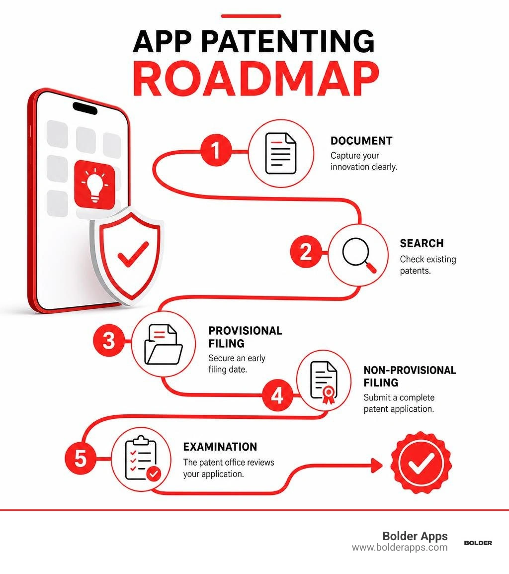 App patenting roadmap: document, search, provisional filing, non-provisional filing, examination infographic