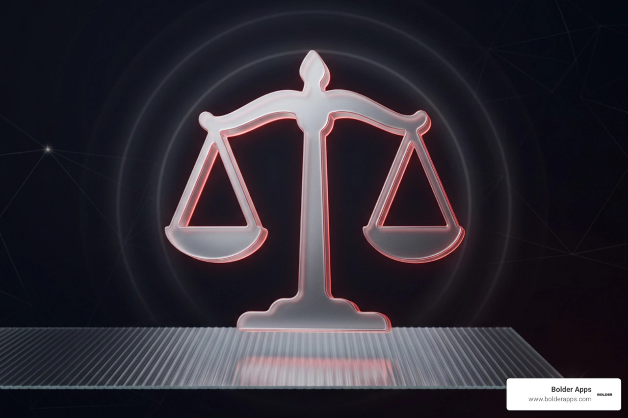 3D glossy render of balanced scales of justice protecting mobile software assets