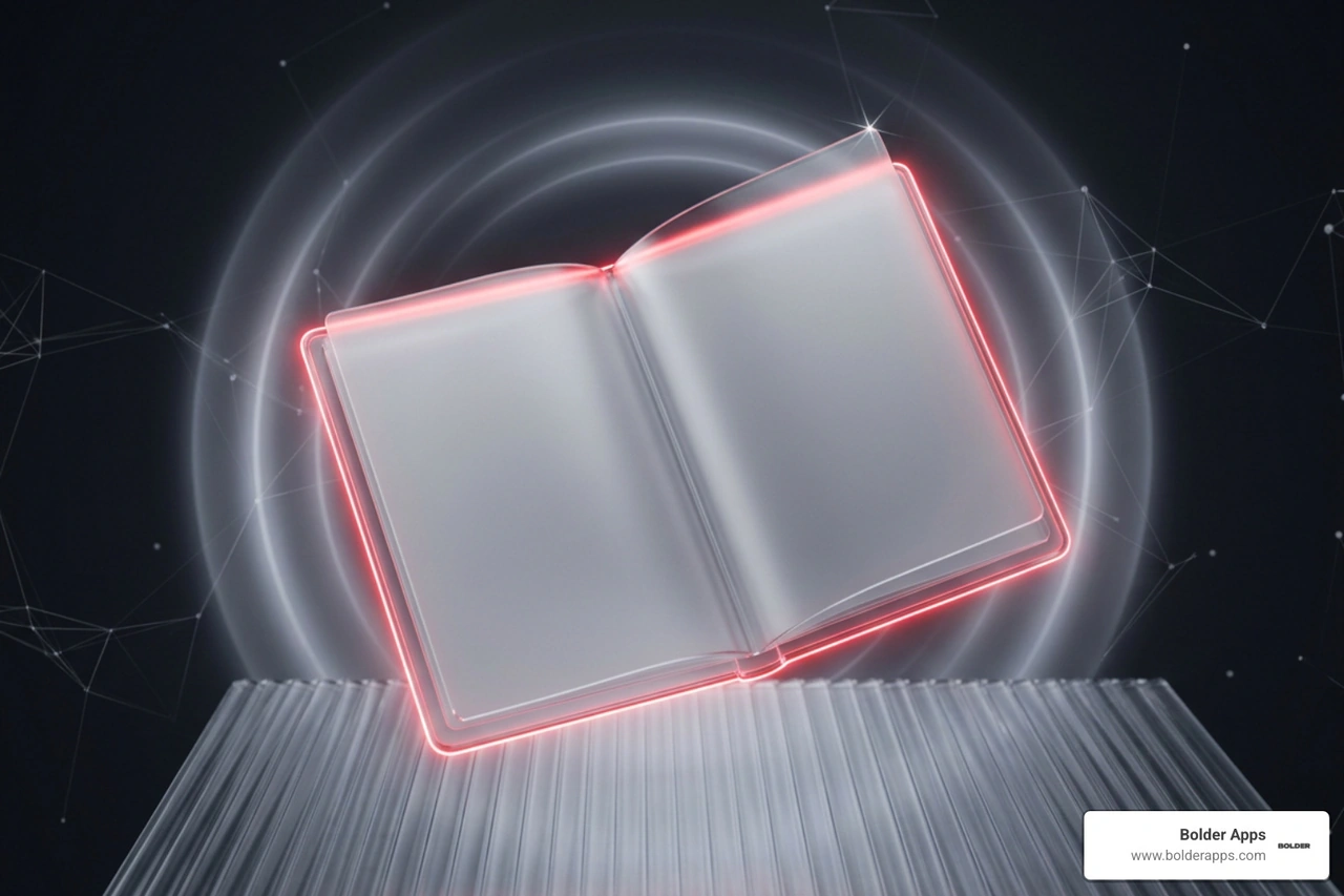 3D glossy render of an open legal document notebook with technical schematics