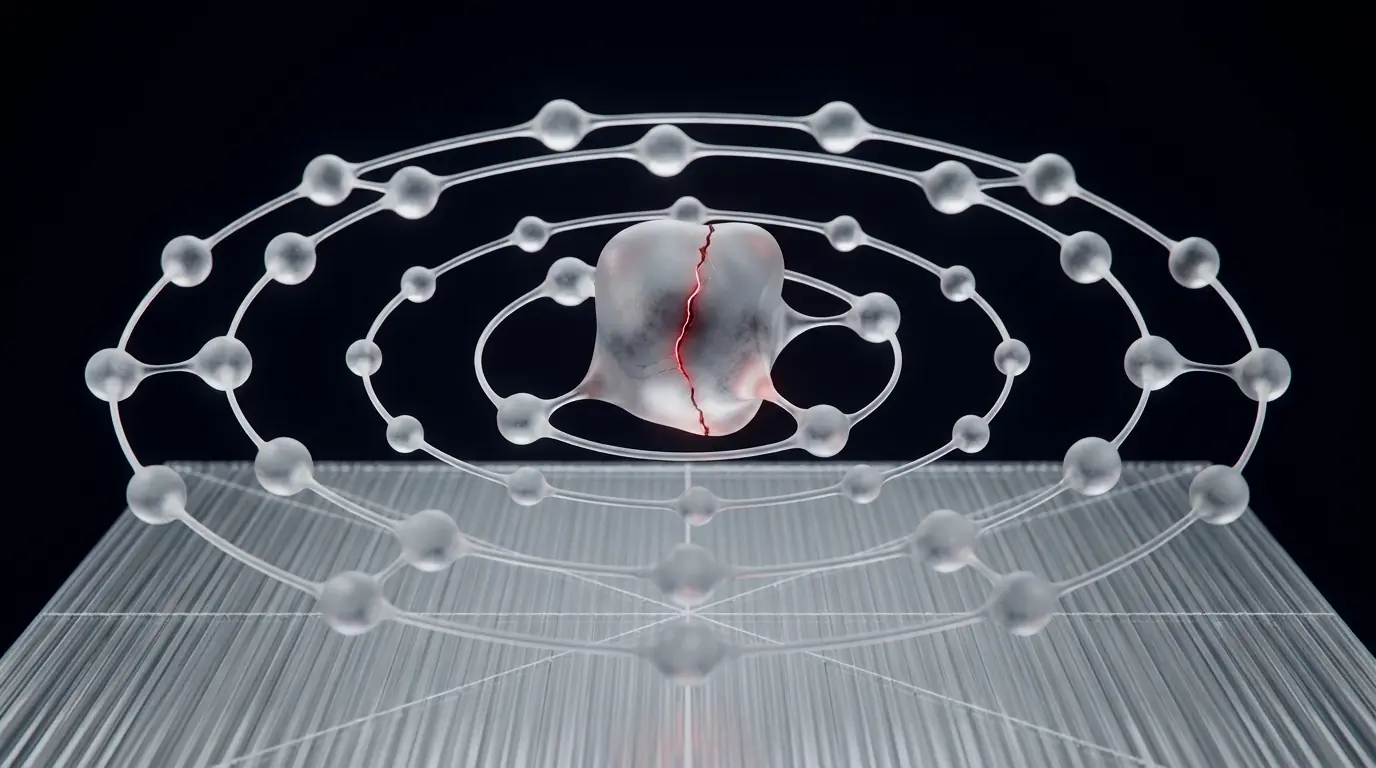 3D frosted glass shape of a central node surrounded by an expanding ring of nodes representing Kubernetes horizontal pod autoscaling
