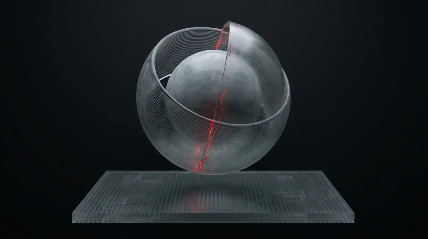 3D frosted glass shape of a small fast-access layer sitting above a larger dense storage block representing Redis caching reducing database load