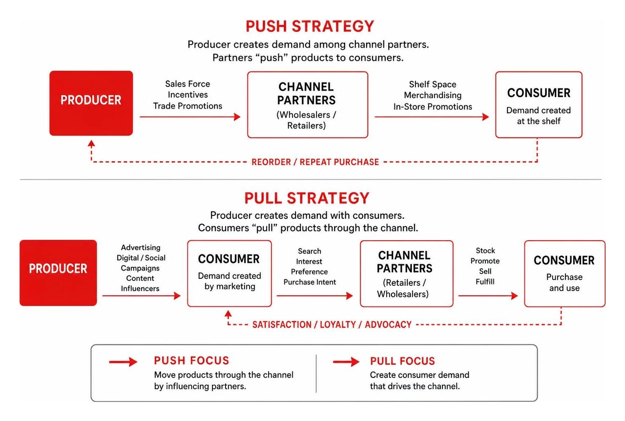 Diagram showing push versus pull go-to-market strategies and consumer demand generation Diagram showing push versus pull go-to-market strategies and consumer demand generation