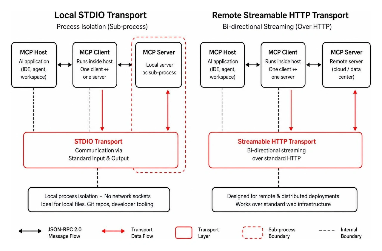 Comparing local STDIO process isolation and remote Streamable HTTP streaming Comparing local STDIO process isolation and remote Streamable HTTP streaming