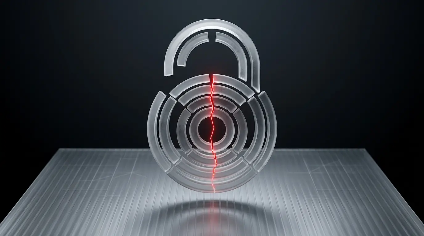 Frosted glass padlock illustration with a glowing red crack, representing access control and authentication