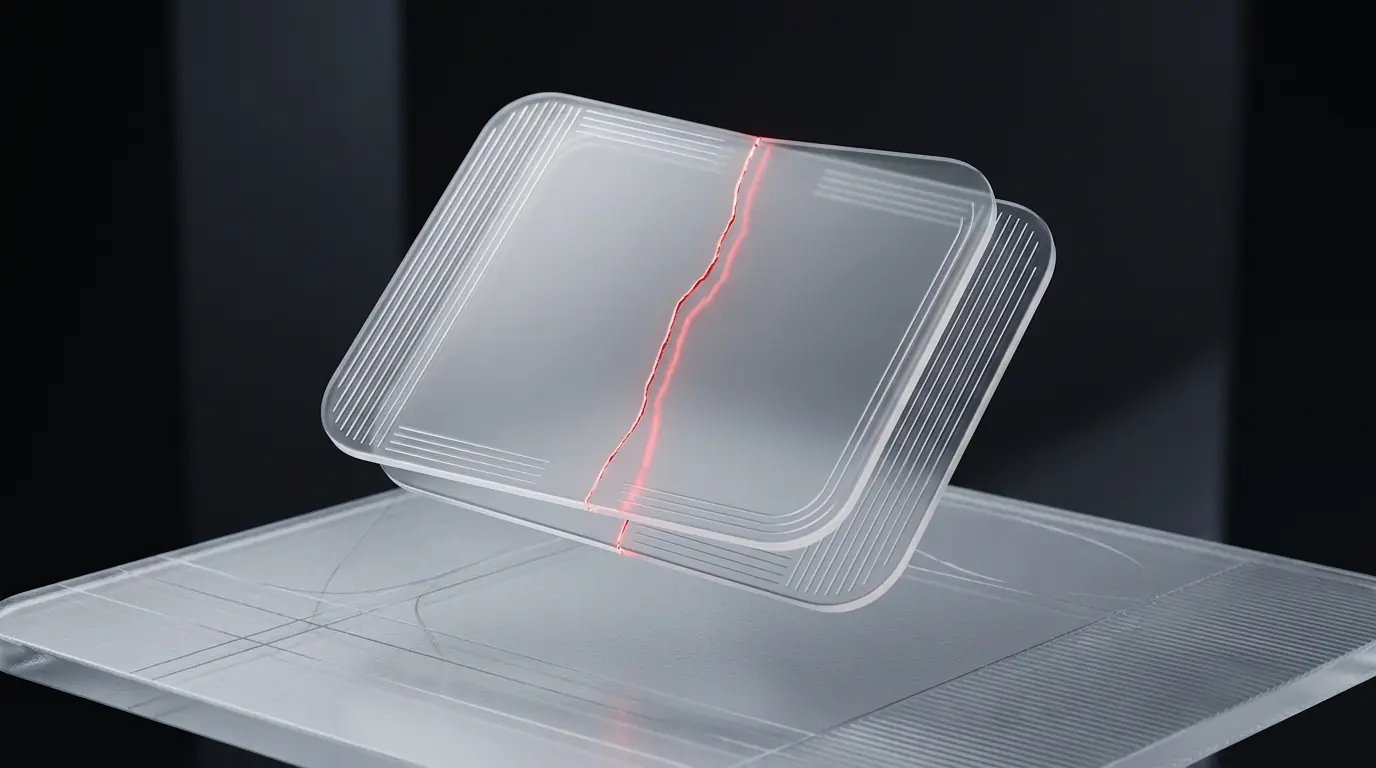 Frosted glass balance scale illustration with a glowing red crack, representing the cost versus risk tradeoff in outsourcing