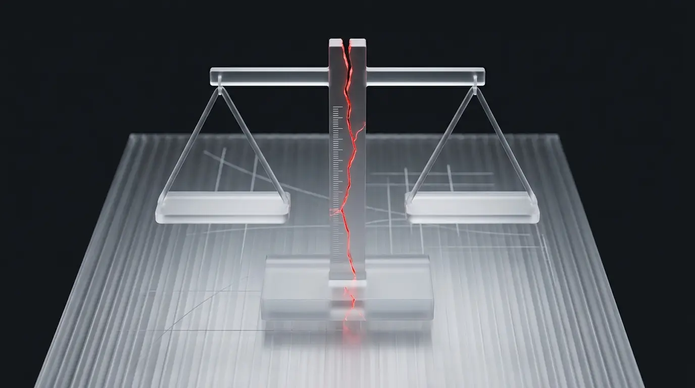 Frosted glass speed-dial arc illustration with a glowing red crack, representing framework performance benchmarks