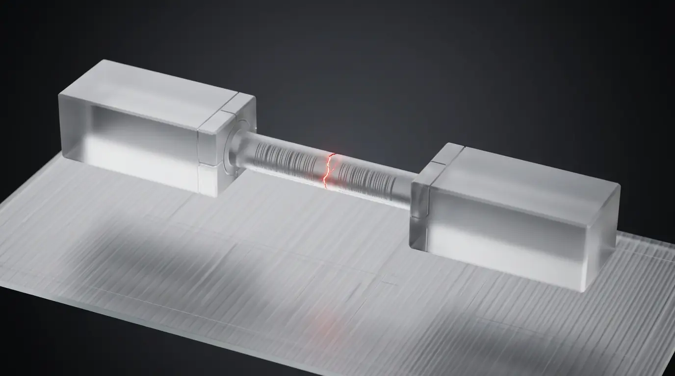 3D frosted glass shape of two rectangular modules connected by a bridging conduit representing Procore-to-ERP financial sync