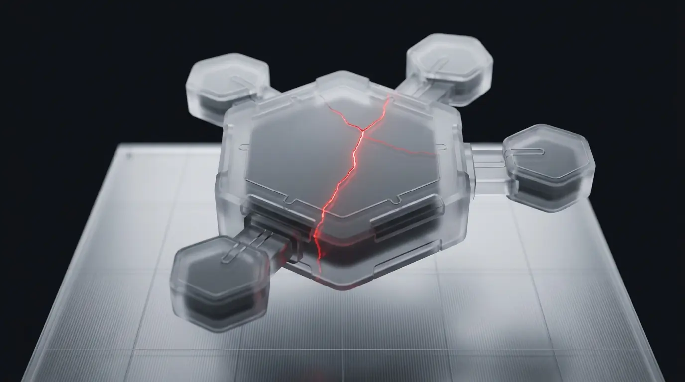 3D frosted glass central hexagonal module with satellite nodes docking around its edge representing AI agents and MCP server support on Procore