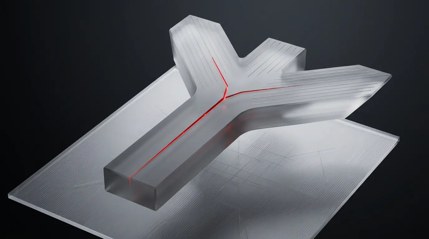 3D frosted glass shape of a path splitting into three diverging branches representing agency vs freelancer vs no-code decision