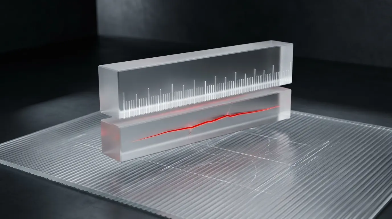 3D frosted glass magnifying lens over a grid of interlocking modules with one isolated section representing structured peer code review catching silent failures