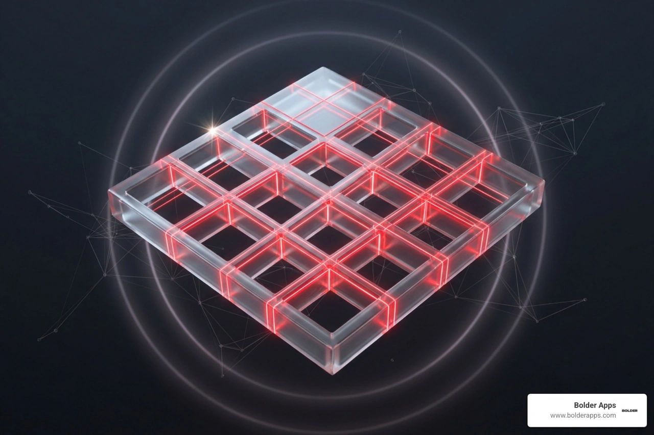 Glossy frosted glass blueprint grid with glowing red laser lines Glossy frosted glass blueprint grid with glowing red laser lines