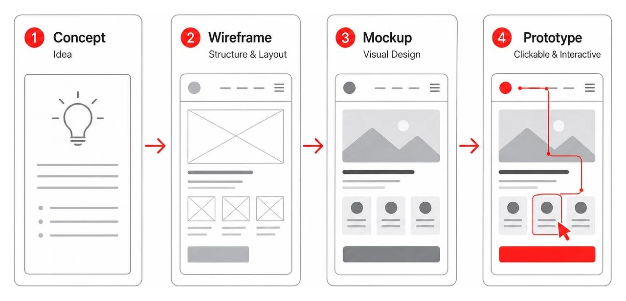 Step-by-step product design progression from concept wireframe to clickable prototype Step-by-step product design progression from concept wireframe to clickable prototype