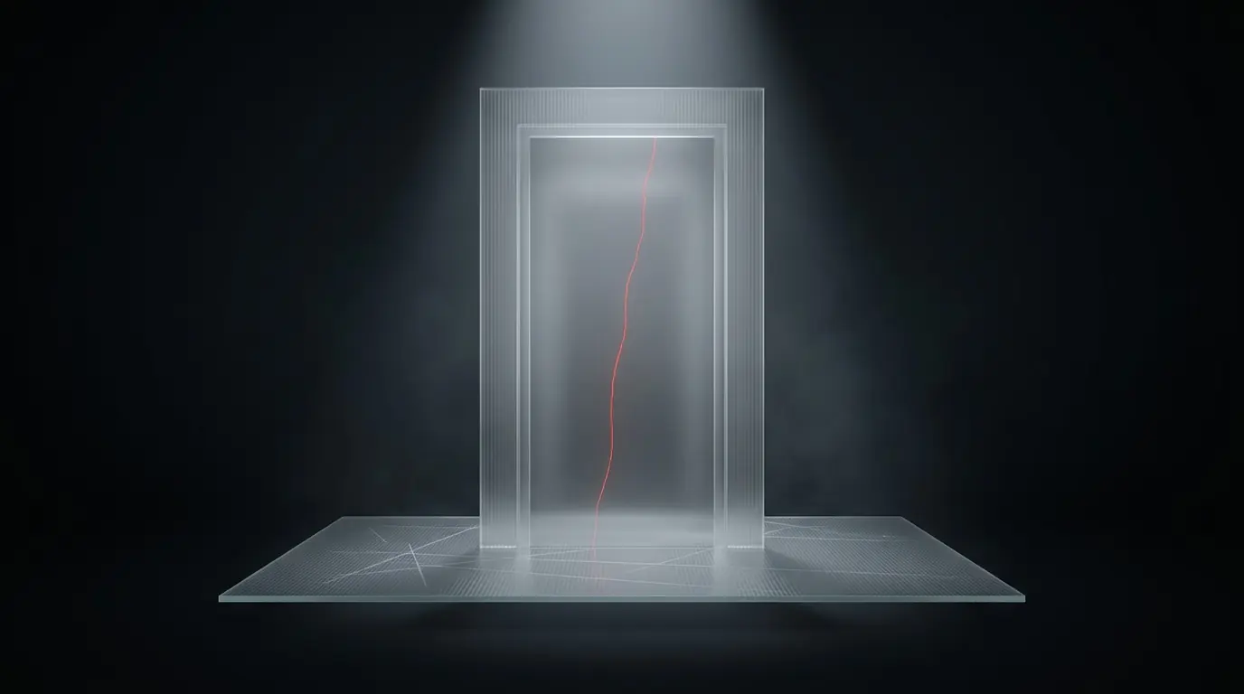 3D frosted glass funnel narrowing from wide top to a small coin-shaped opening representing the App Store revenue cut