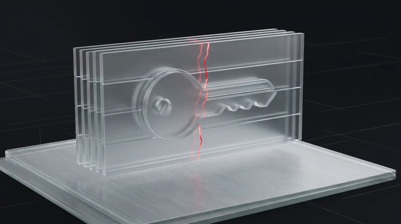 3D frosted glass key emerging from a stack of layered document panels representing a fixed-price quote derived from a defined scope
