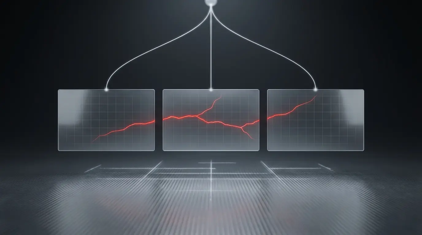 3D frosted glass shape of three identical panels receiving the same signal from one source representing one scope document shopped to three agencies